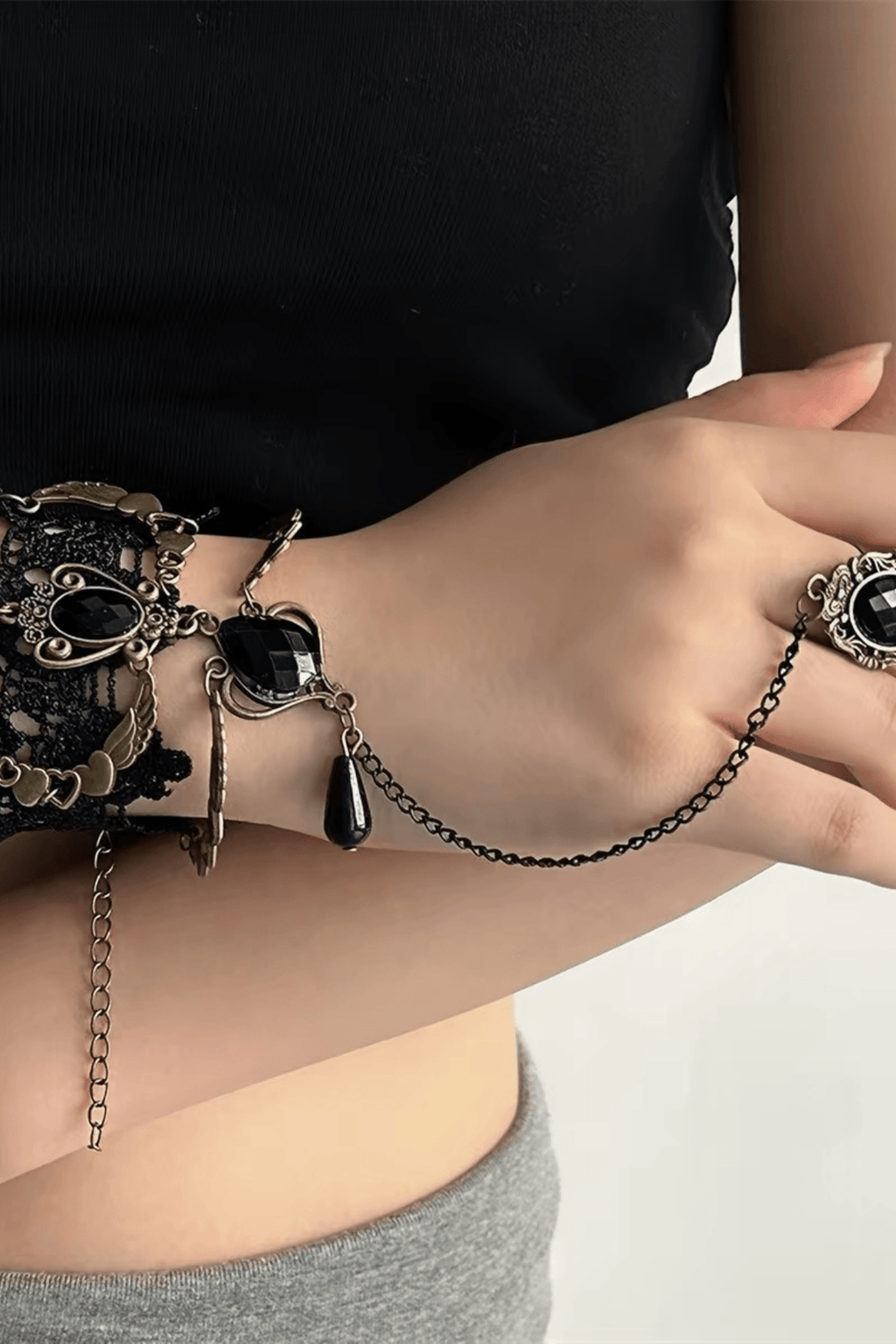 Gothic Lace Bracelet with Attached Ring Chain Avalabel