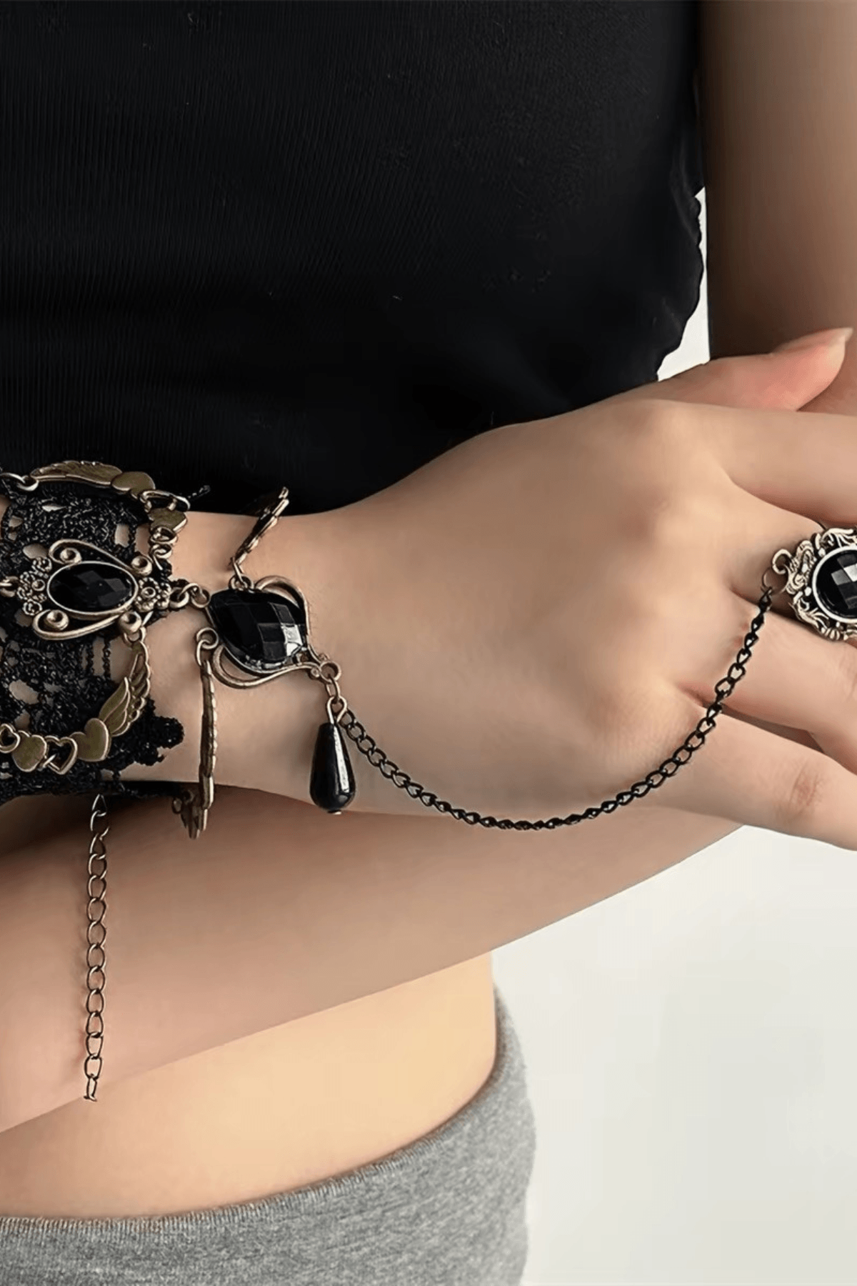 Gothic Lace Bracelet with Attached Ring Chain Avalabel