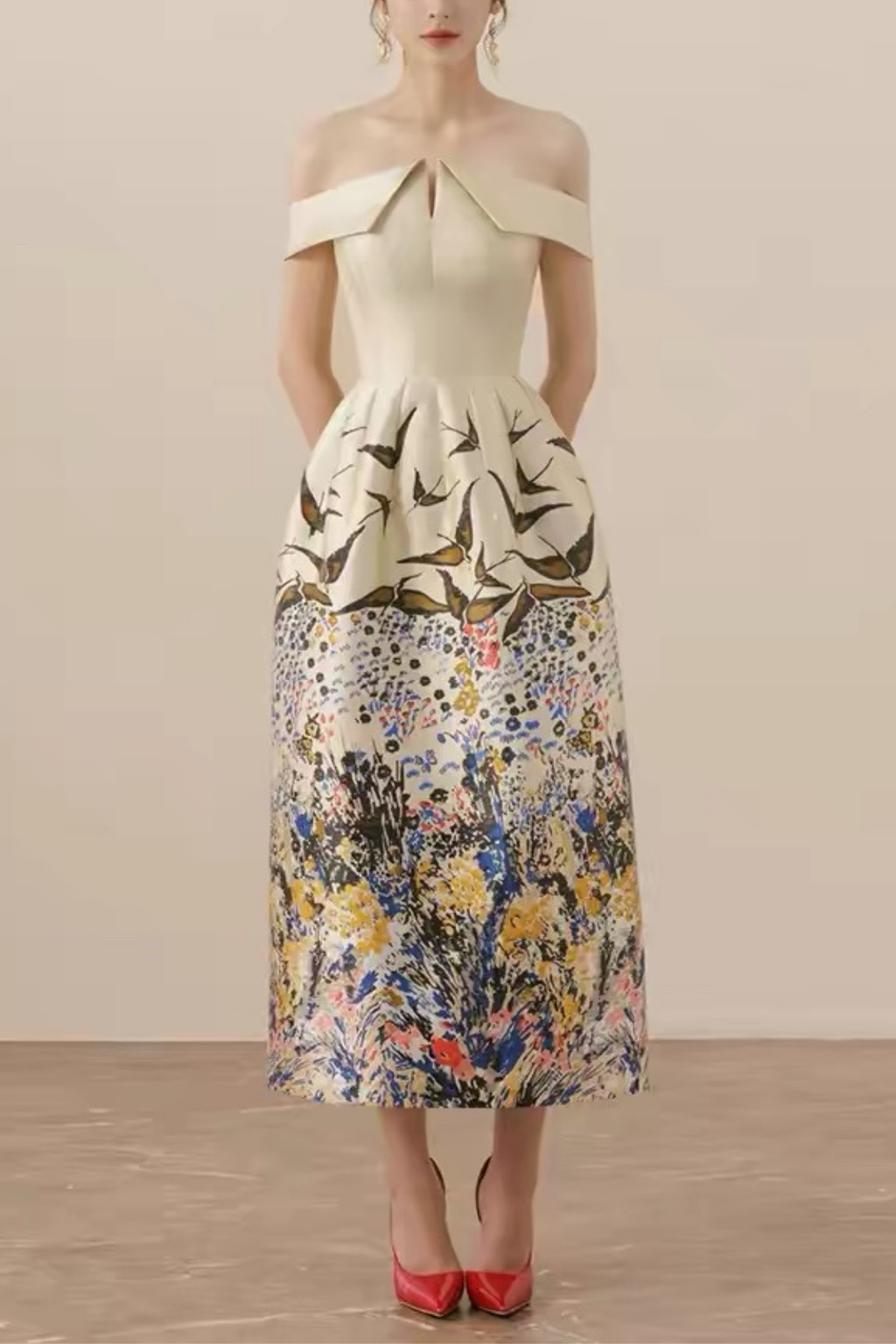 Vintage Off-Shoulder Waisted Print Formal Dress Avalabel