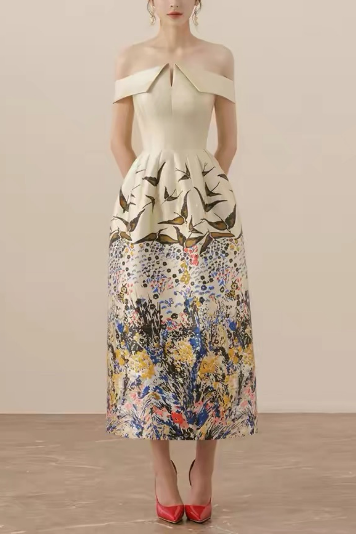 Vintage Off-Shoulder Waisted Print Formal Dress Avalabel