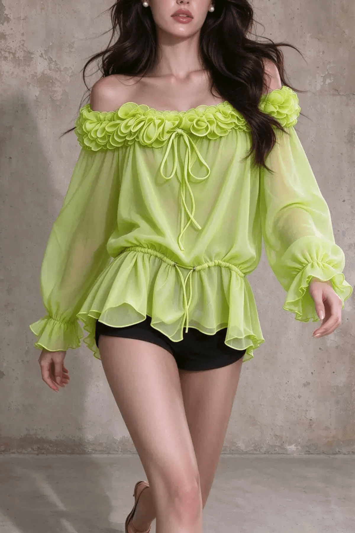 Denni Green Ruffled Sheer Chiffon Blouse Avalabel