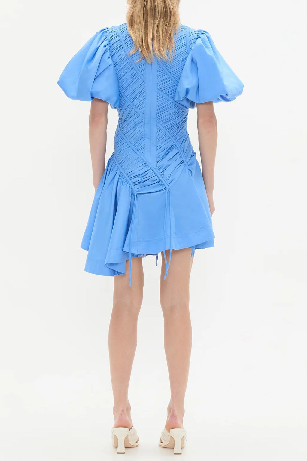 Eudora Asymmetric Pleated Puff Sleeve Mini Dress in Mist Blue Avalabel