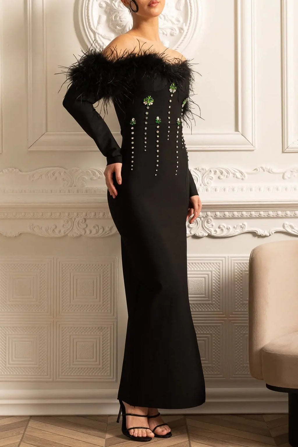 lara sequin high slit Feather Adorned maxi Dress - Black Avalabel