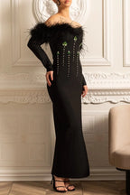 lara sequin high slit Feather Adorned maxi Dress - Black Avalabel
