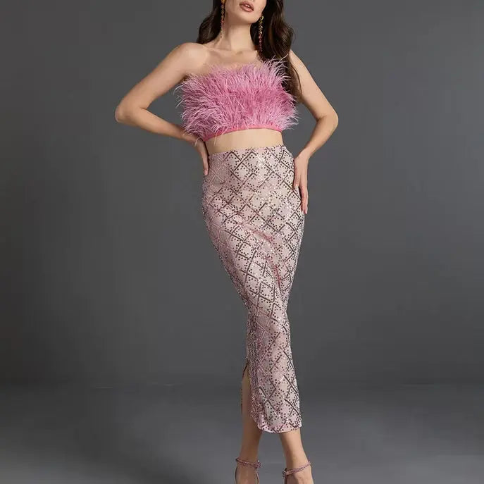 audrey pink feather top sequin Midi Skirt set Avalabel