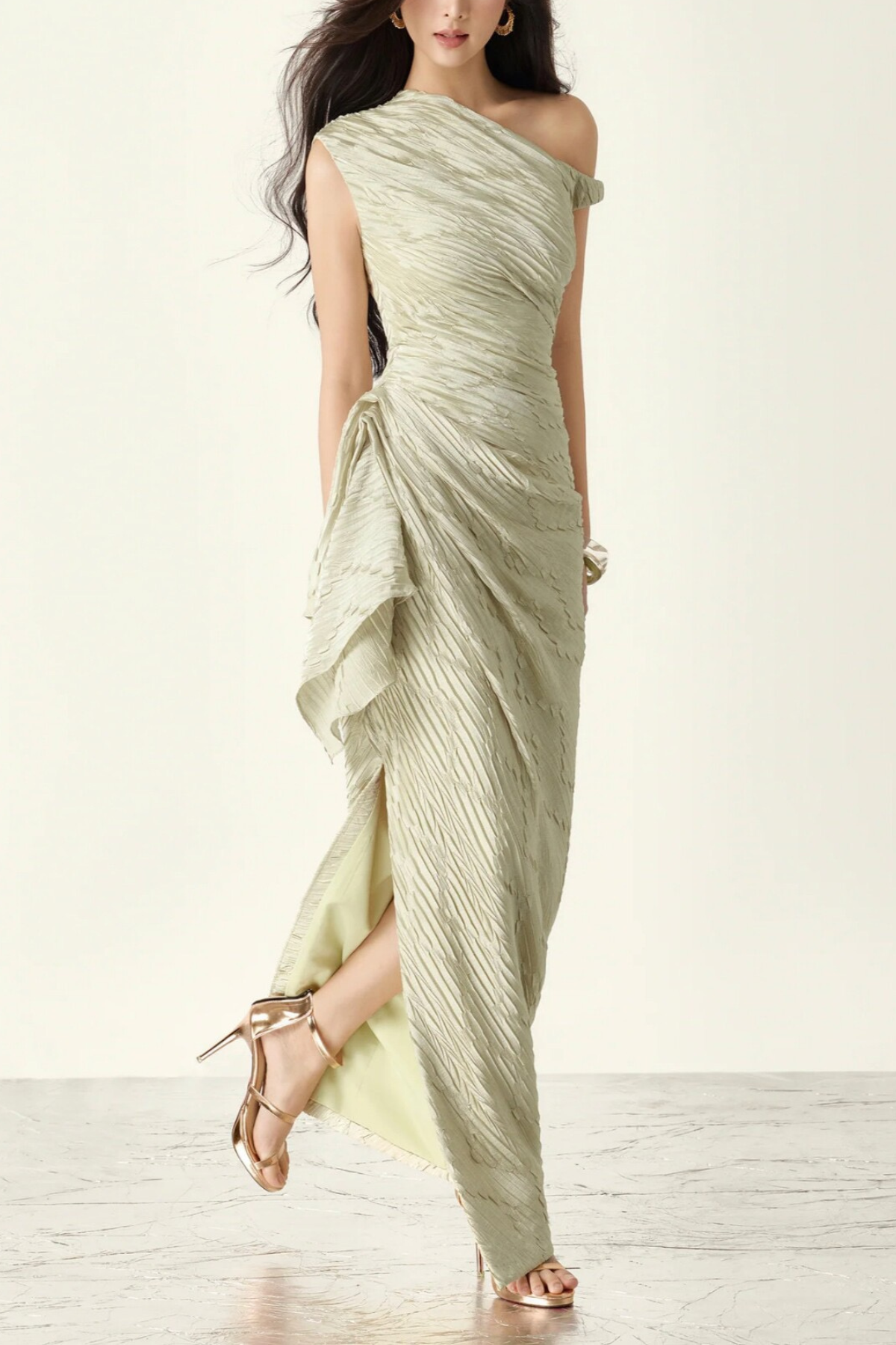 Thea Mustard Green Textured One‑Shoulder Ruched Waist Asymmetrical Maxi Dress - Avalabel