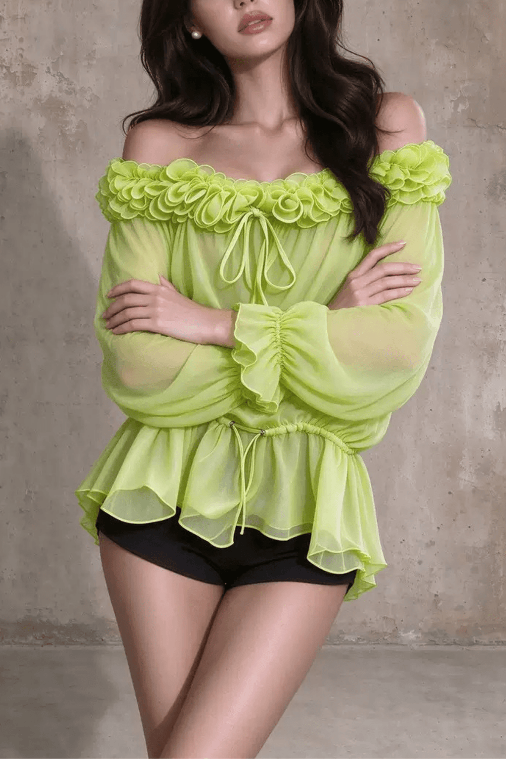 Denni Green Ruffled Sheer Chiffon Blouse Avalabel