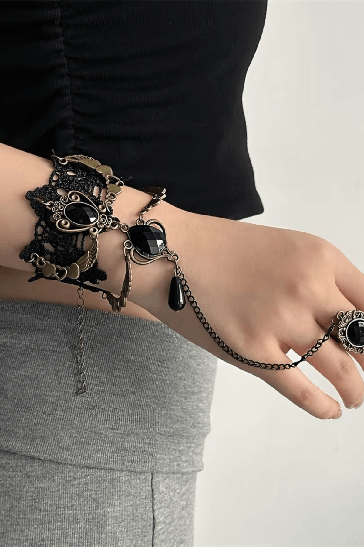 Gothic Lace Bracelet with Attached Ring Chain Avalabel