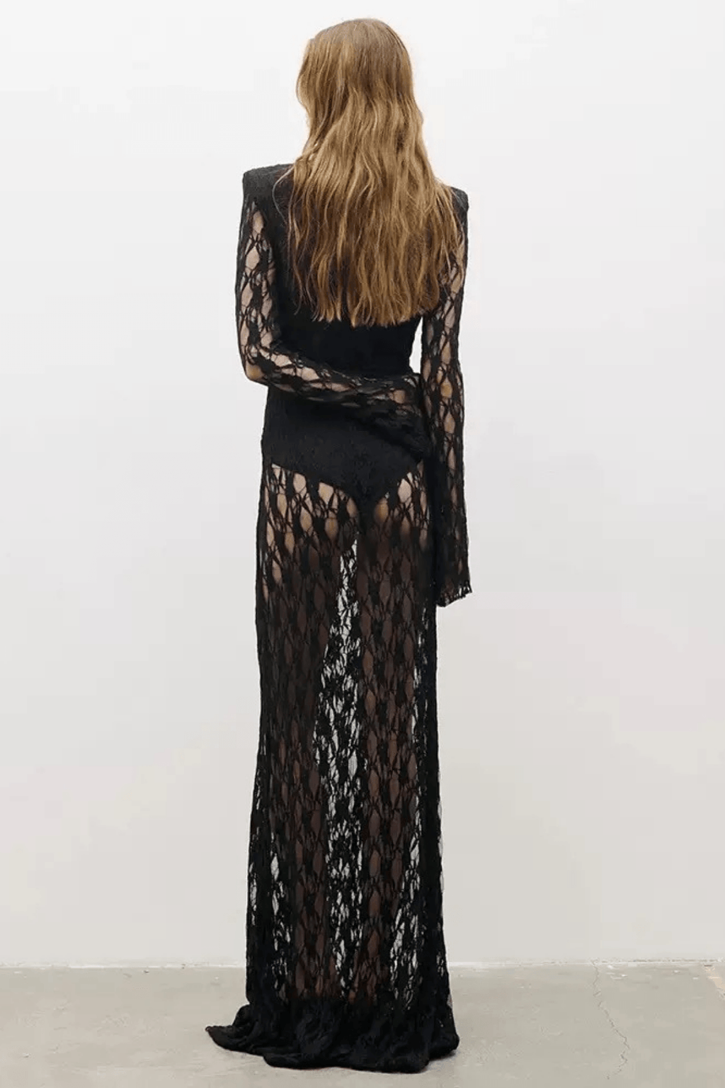 Black Geometric Grid Mesh Long Sleeve Maxi Dress Avalabel