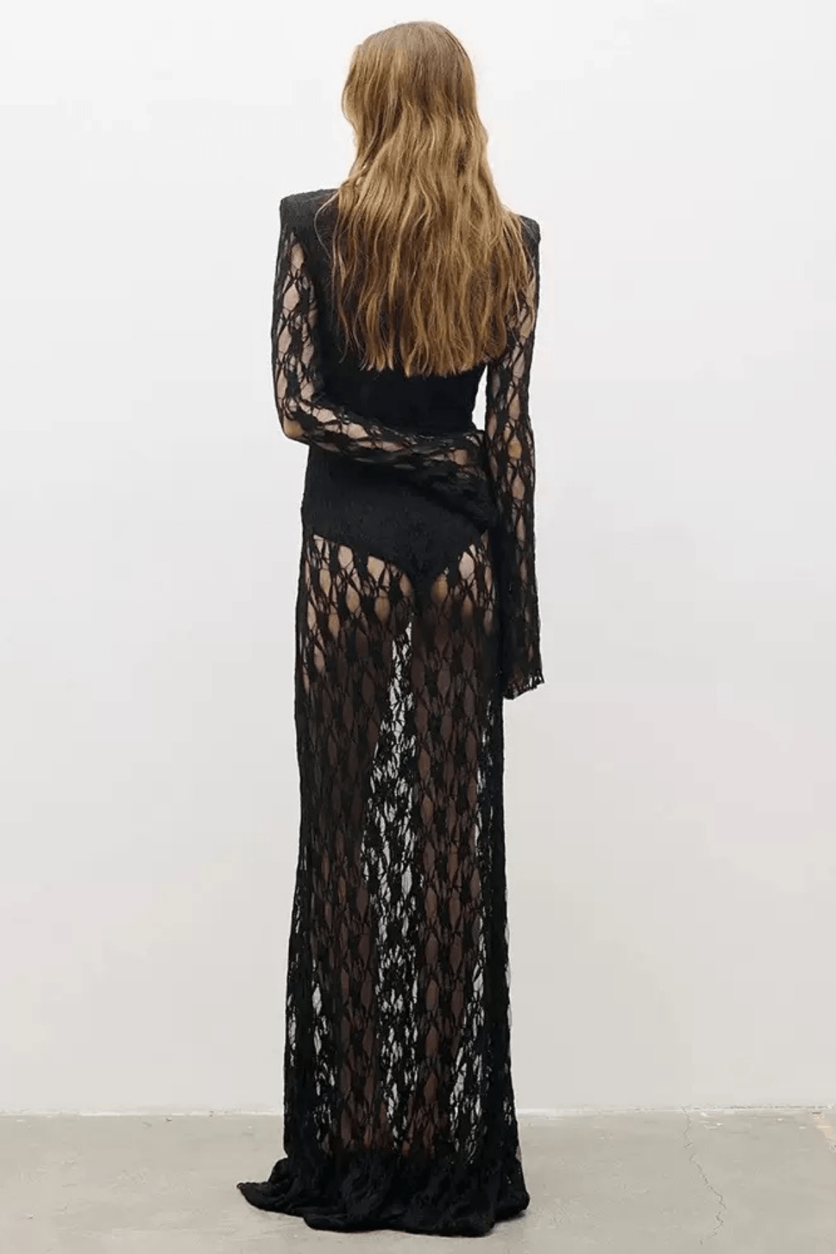 Black Geometric Grid Mesh Long Sleeve Maxi Dress Avalabel