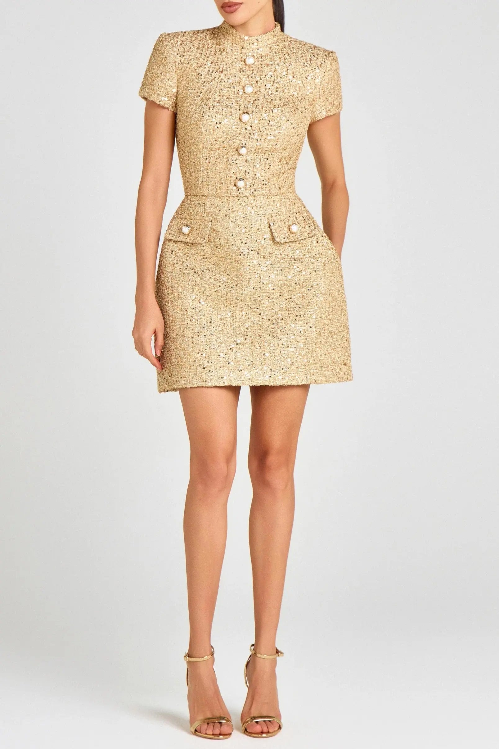 tiffany pearl-embellished tweed mini dress in gold Avalabel