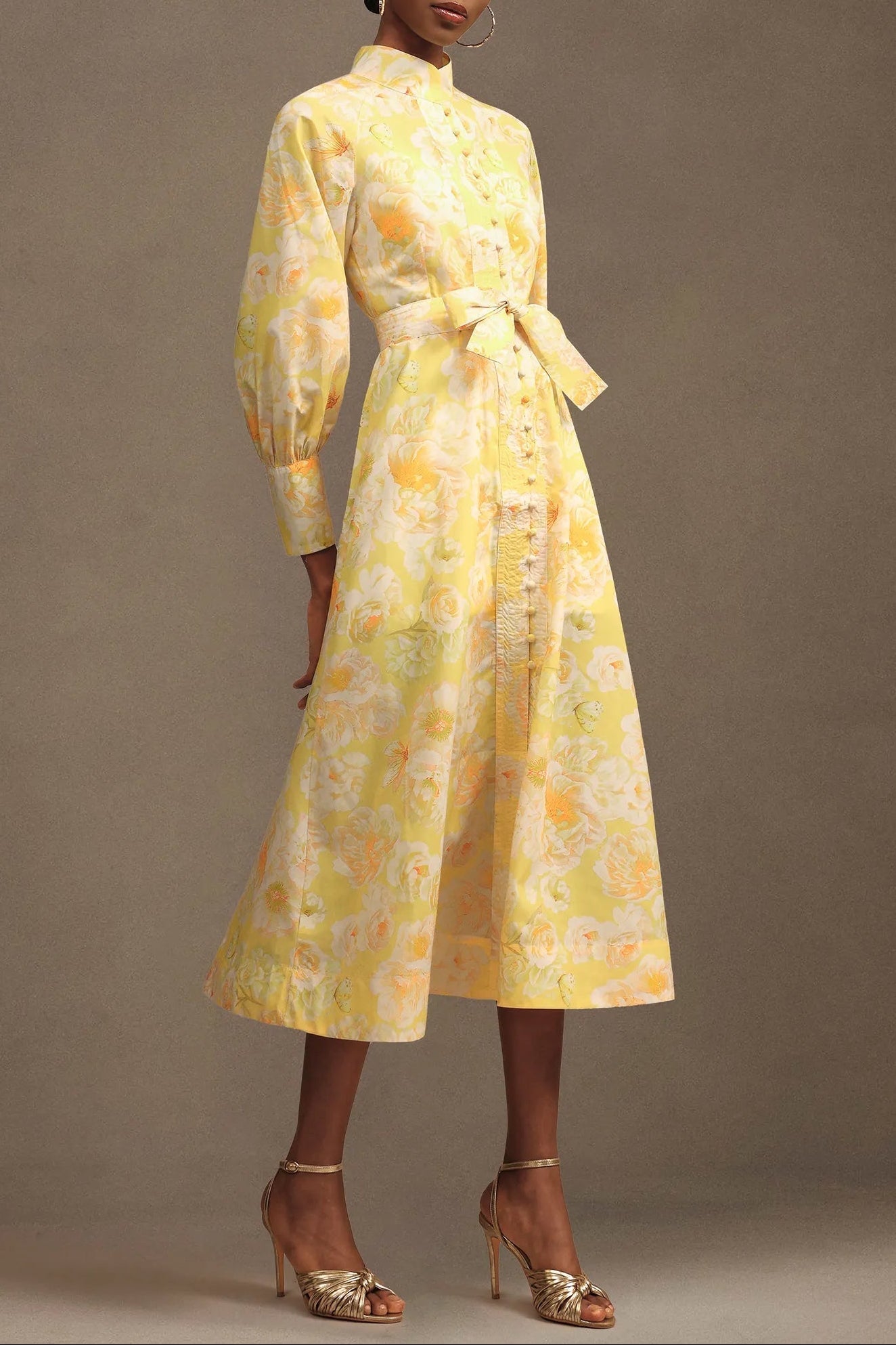 xaviera Long Sleeve Floral Printed Chiffon Maxi Dress in yellow Avalabel