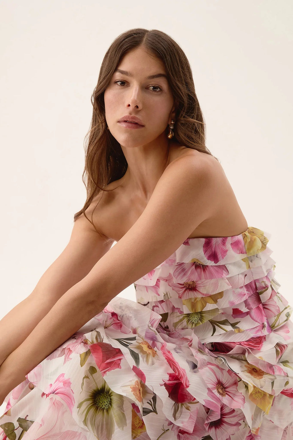 Cathy Floral Print Pleated Layer Strapless Maxi Dress in Pink Avalabel