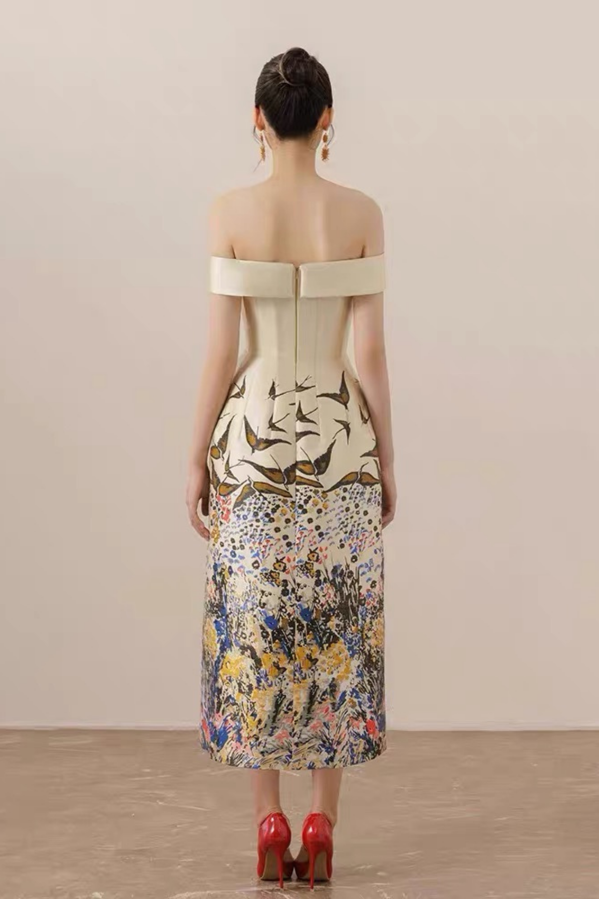 Vintage Off-Shoulder Waisted Print Formal Dress Avalabel