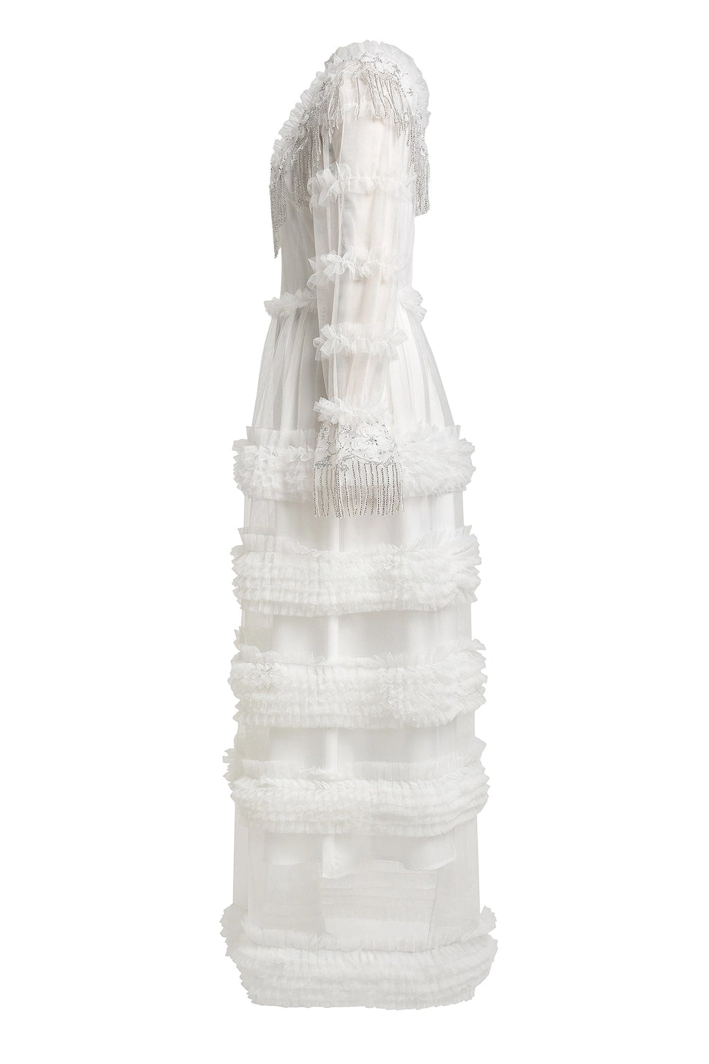 Kimberley White Beaded Frill Round Neck Midi Dress Avalabel