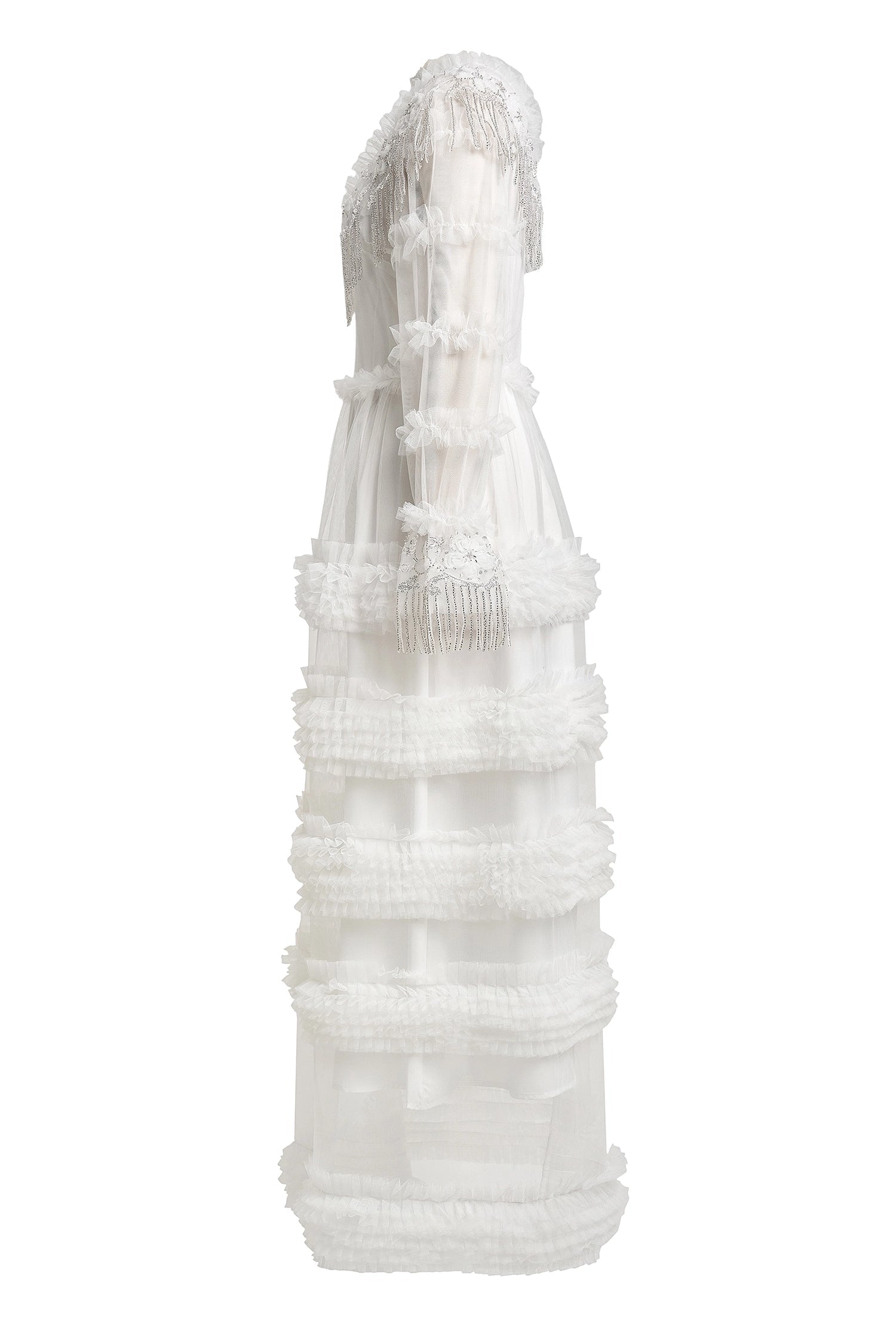 Kimberley White Beaded Frill Round Neck Midi Dress Avalabel