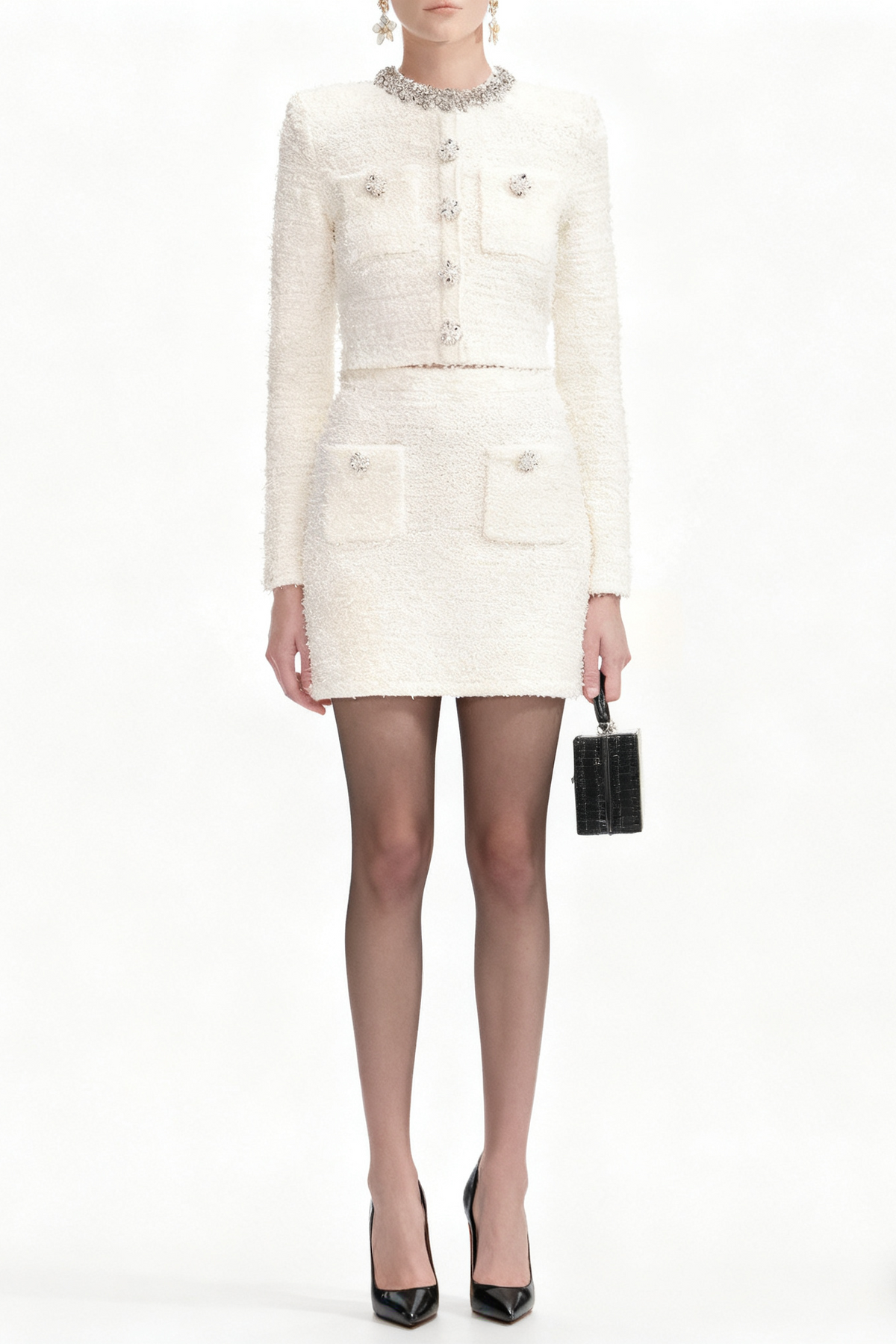 alisa Diamond-embellished tweed cardigan skirt set in white Avalabel