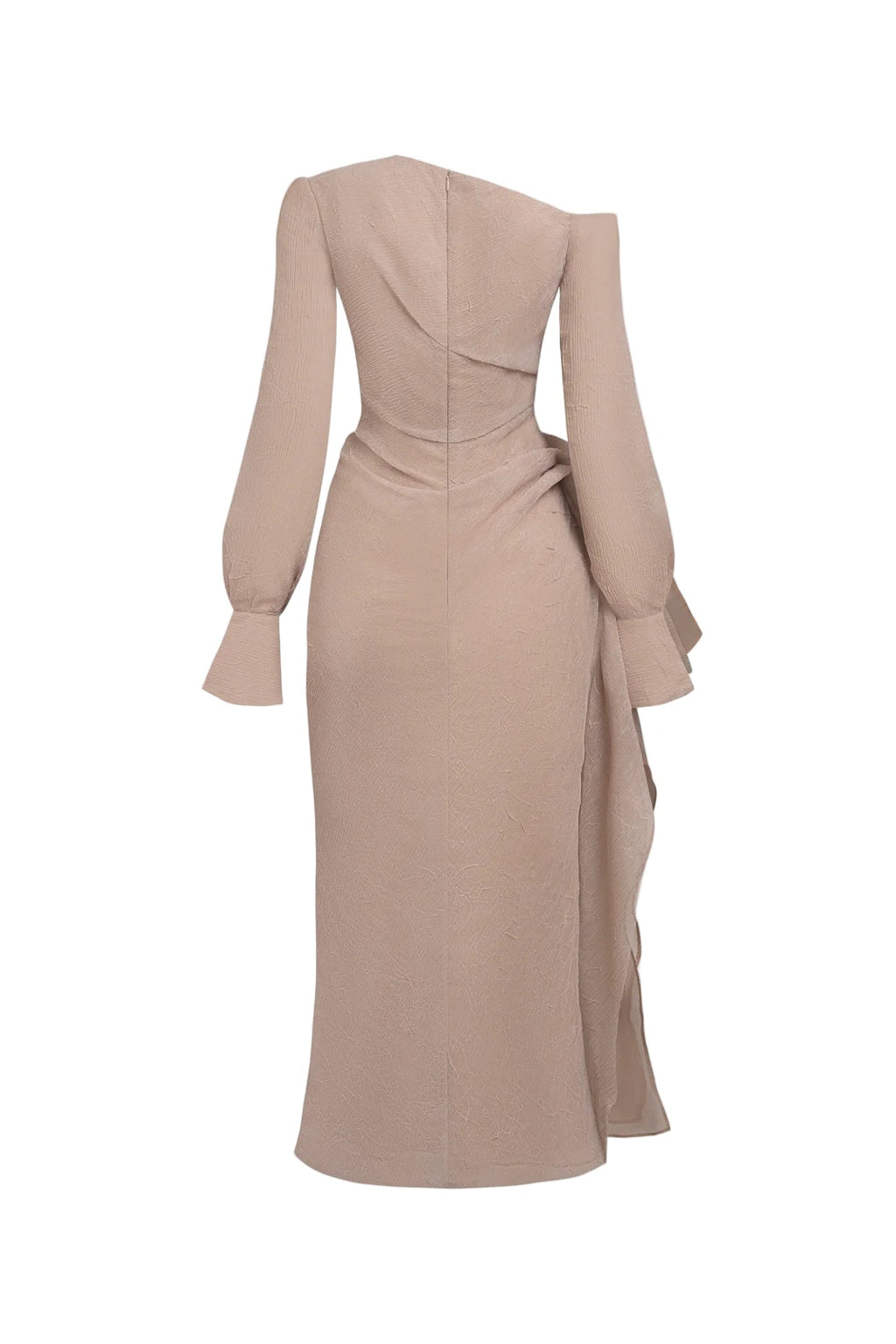 brianna Asymmetric Long Sleeve pleated maxi Dress in beige Avalabel