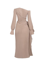 brianna Asymmetric Long Sleeve pleated maxi Dress in beige Avalabel