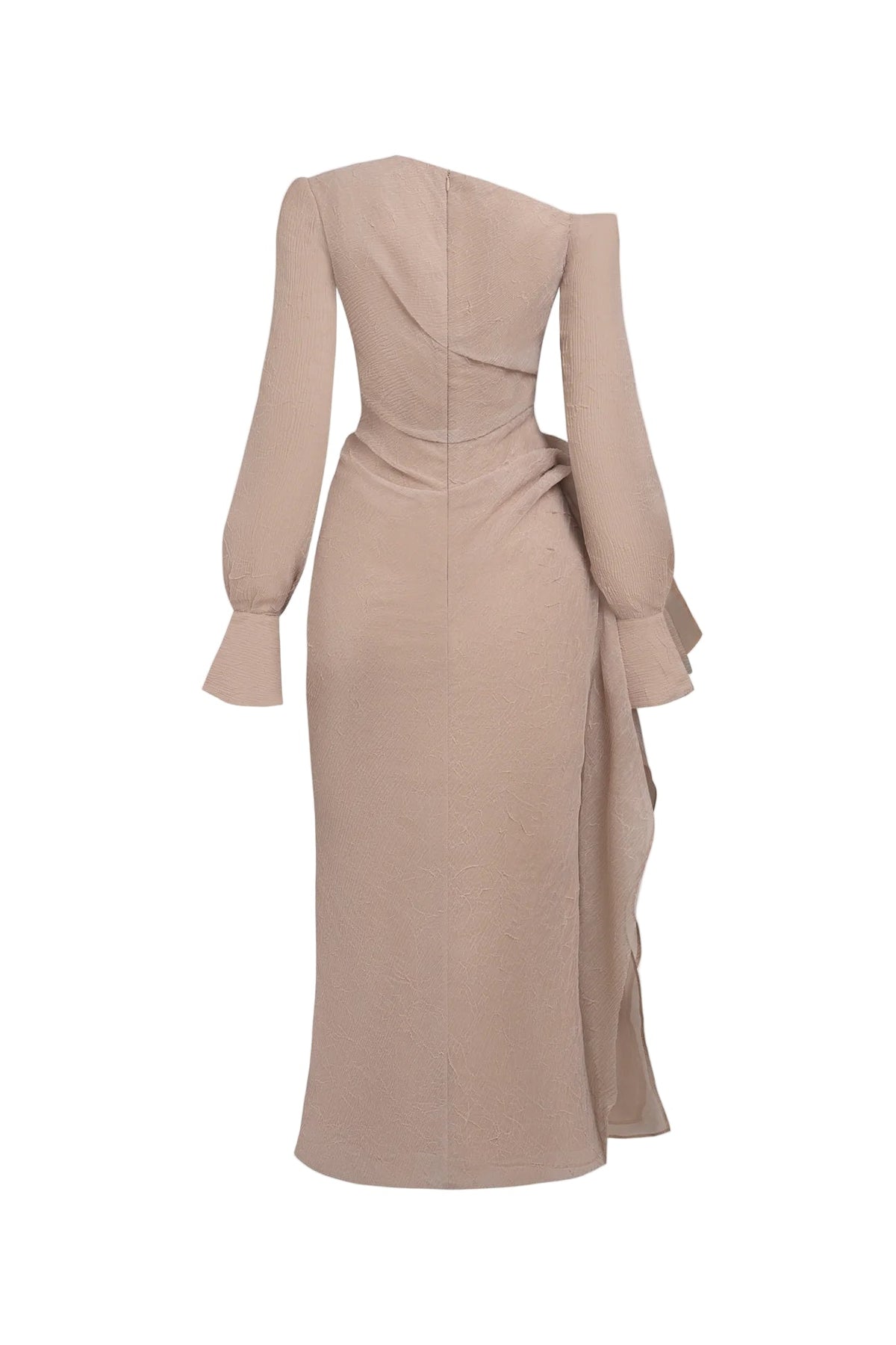 brianna Asymmetric Long Sleeve pleated maxi Dress in beige Avalabel