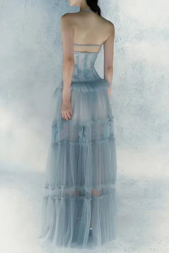 Hermosa Lace Splicing Layer Maxi Dress in Blue Avalabel