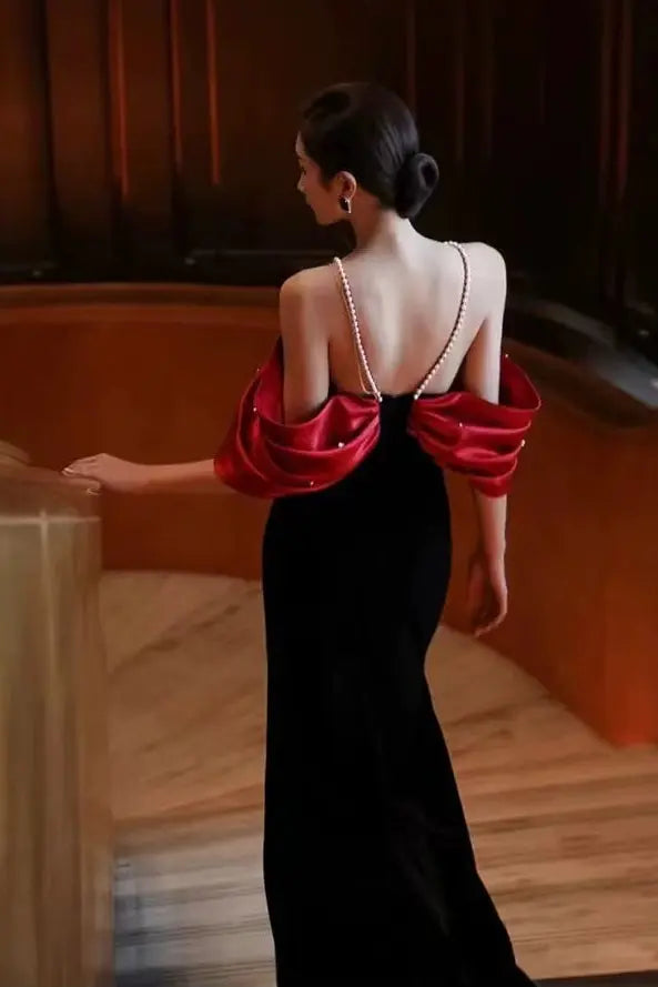 Tove Off Shoulder Velvet Maxi Dress - Red Avalabel