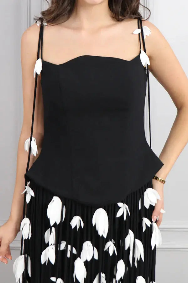 hilary black flower tassel strapless mini dress Avalabel