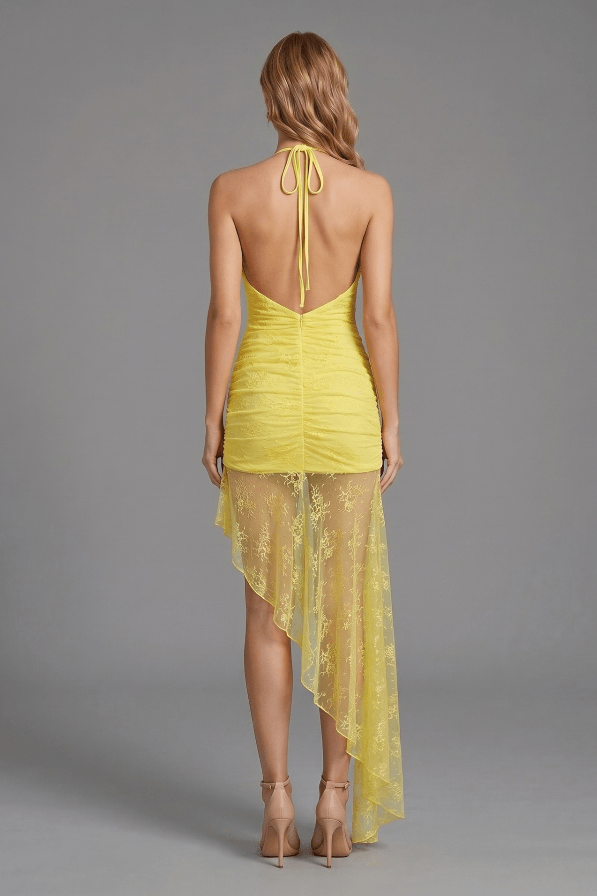 Dulce Yellow Halter Lace Asymmetrical Dress Avalabel