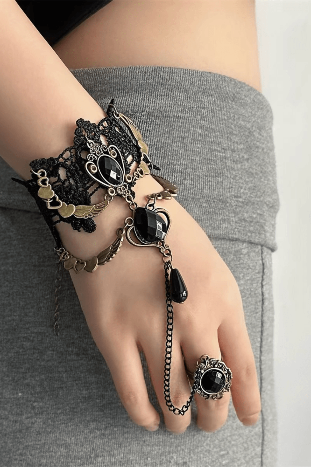 Gothic Lace Bracelet with Attached Ring Chain Avalabel