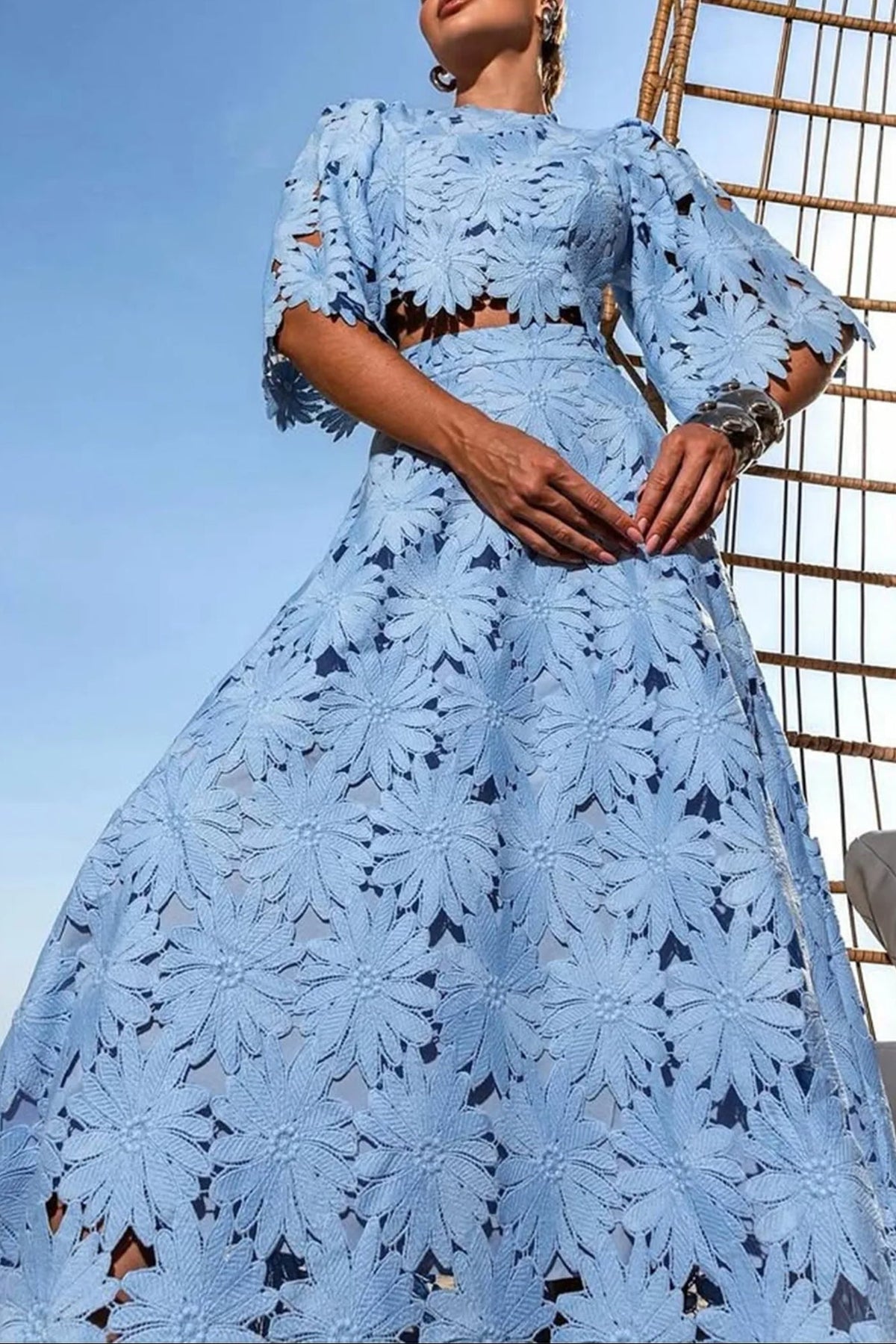 Lace Embroidered Top & Maxi Skirt Two-Piece Set in Blue Avalabel