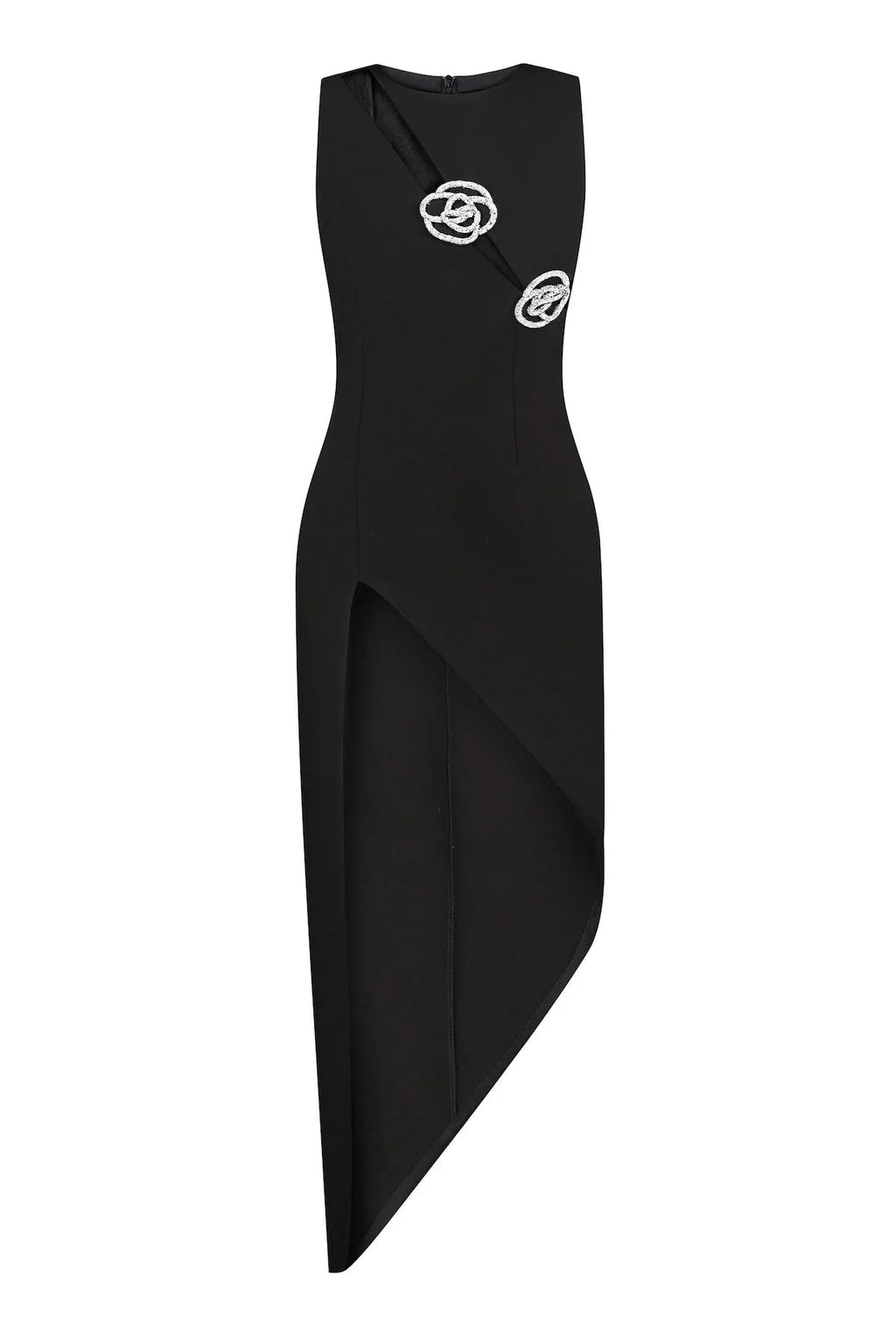 Crystal Rose Detailed High-Slit Black Dress Avalabel