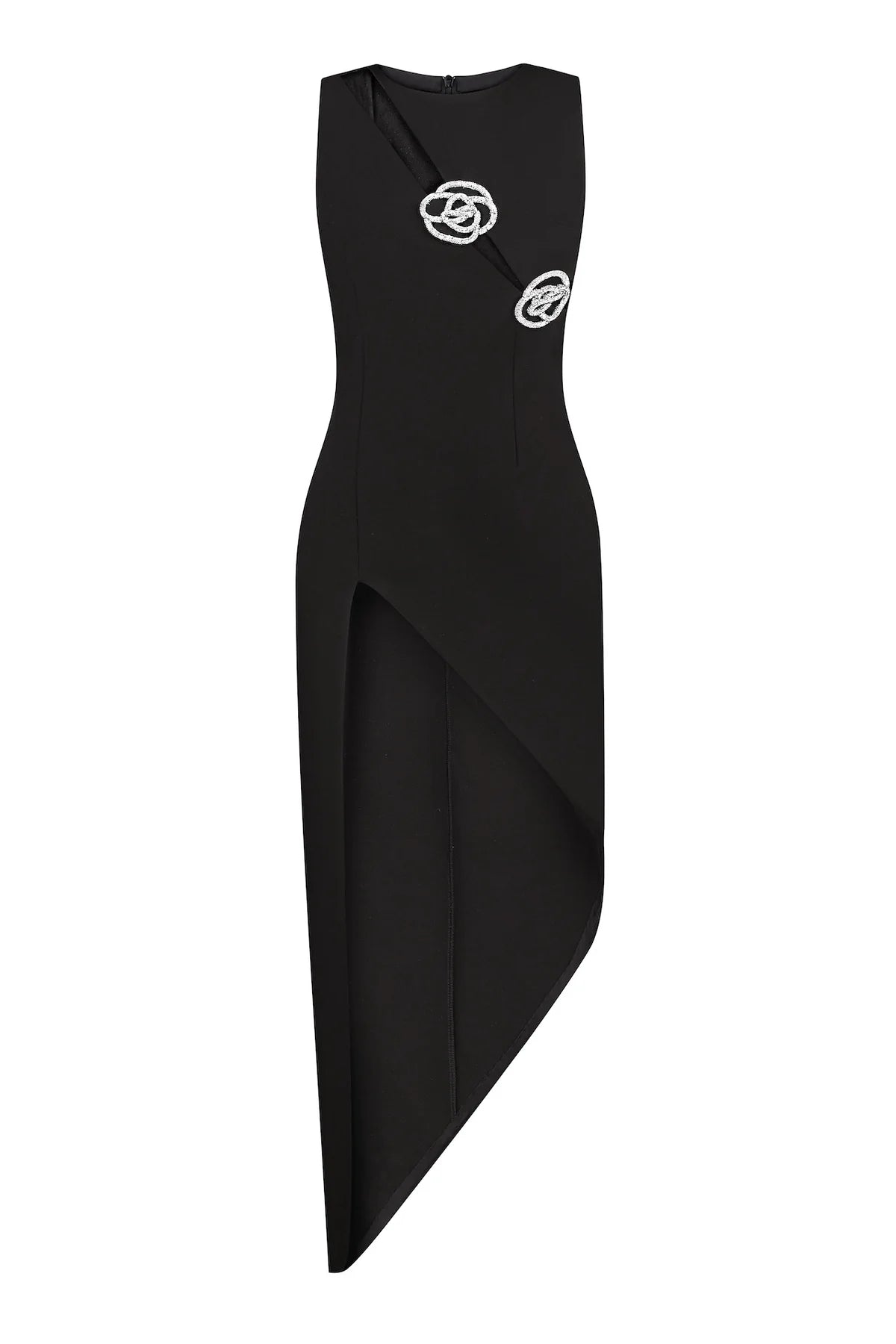 Crystal Rose Detailed High-Slit Black Dress Avalabel