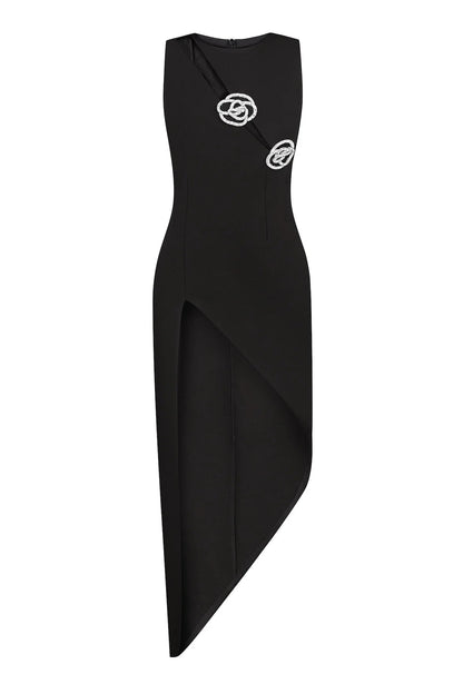 Crystal Rose Detailed High-Slit Black Dress