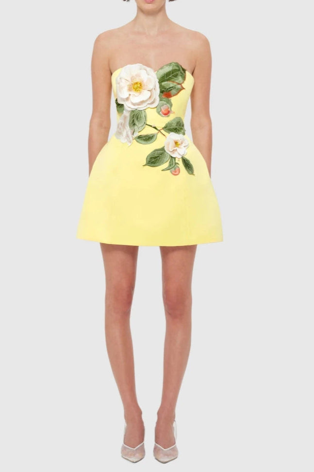 Suzanne Appliqué Floral Bustier Mini Dress in Yellow Avalabel