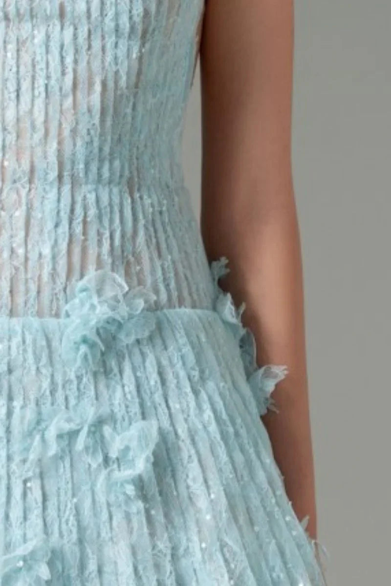 Sleeveless Lace Fabric Mini Dress in Aqua Avalabel