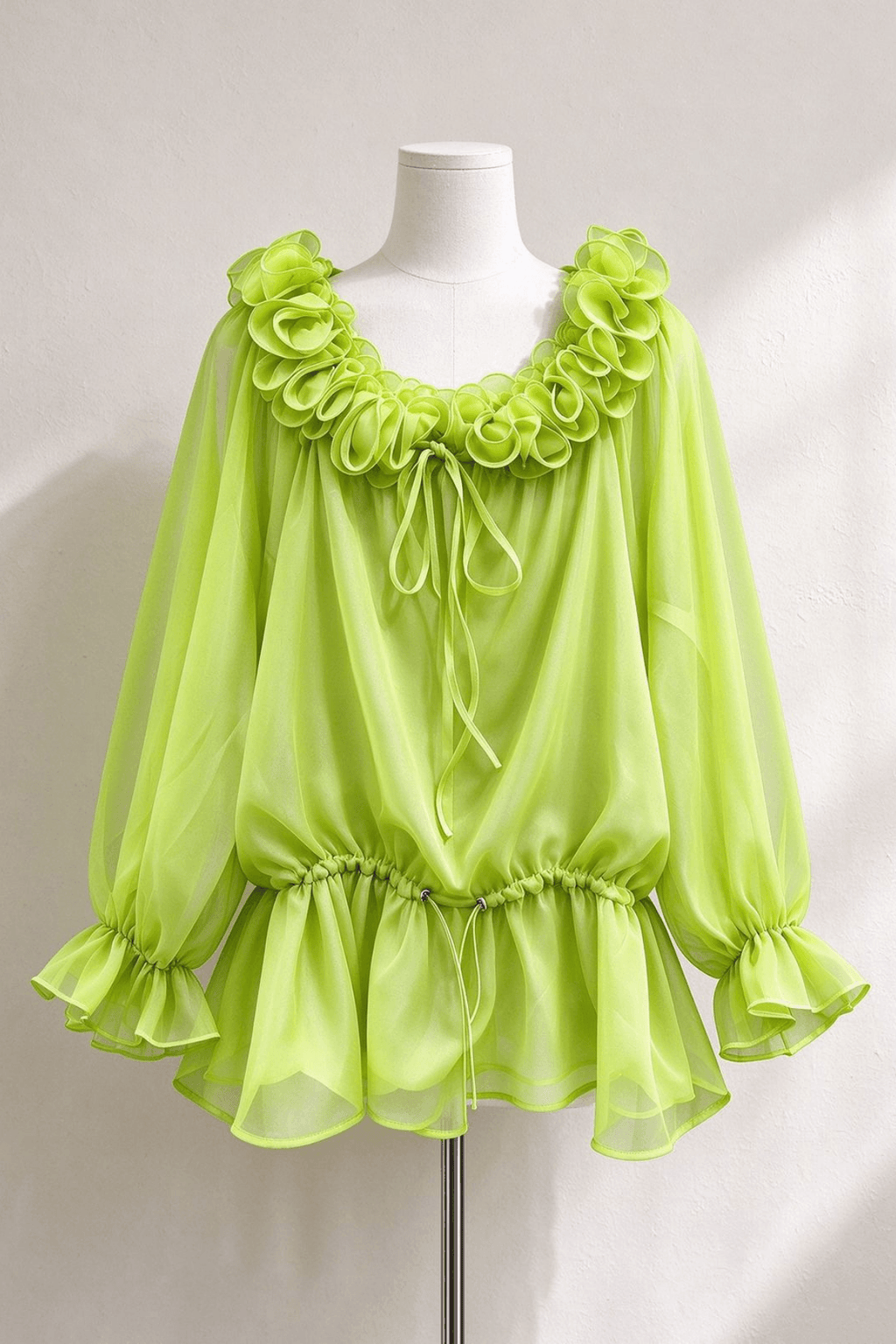 Denni Green Ruffled Sheer Chiffon Blouse Avalabel