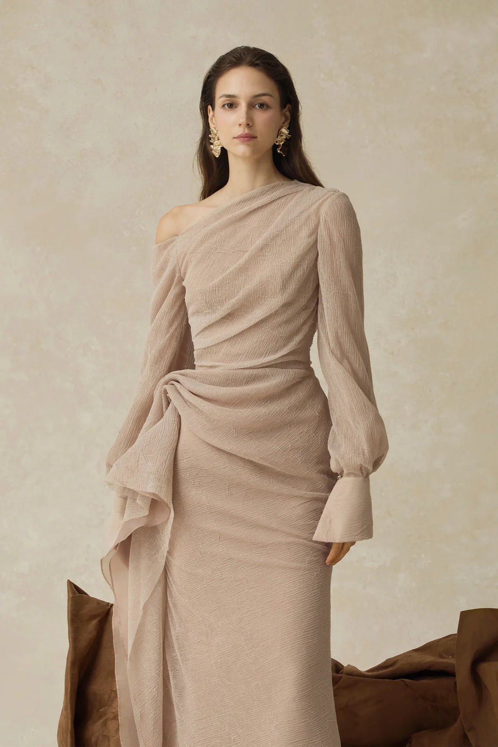 brianna Asymmetric Long Sleeve pleated maxi Dress in beige Avalabel