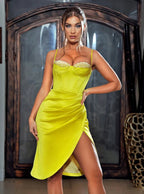 Lemon Yellow Pleated Satin Mini Dress Avalabel