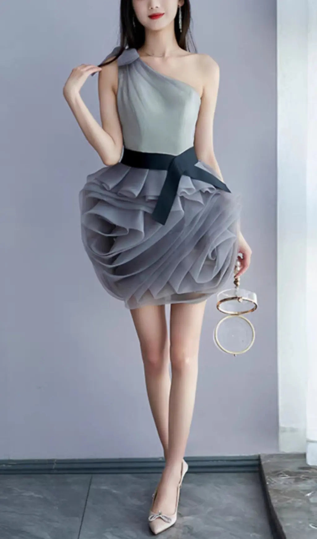 ONE SHOULDER MESH MINI DRESS IN GREY Avalabel