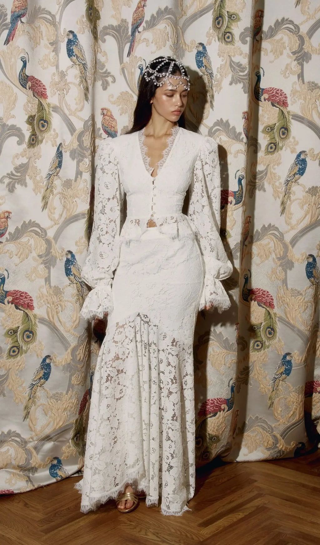 emily Lace Trimmed Puff Sleeved Top & Fishtail Skirt Set in white Avalabel