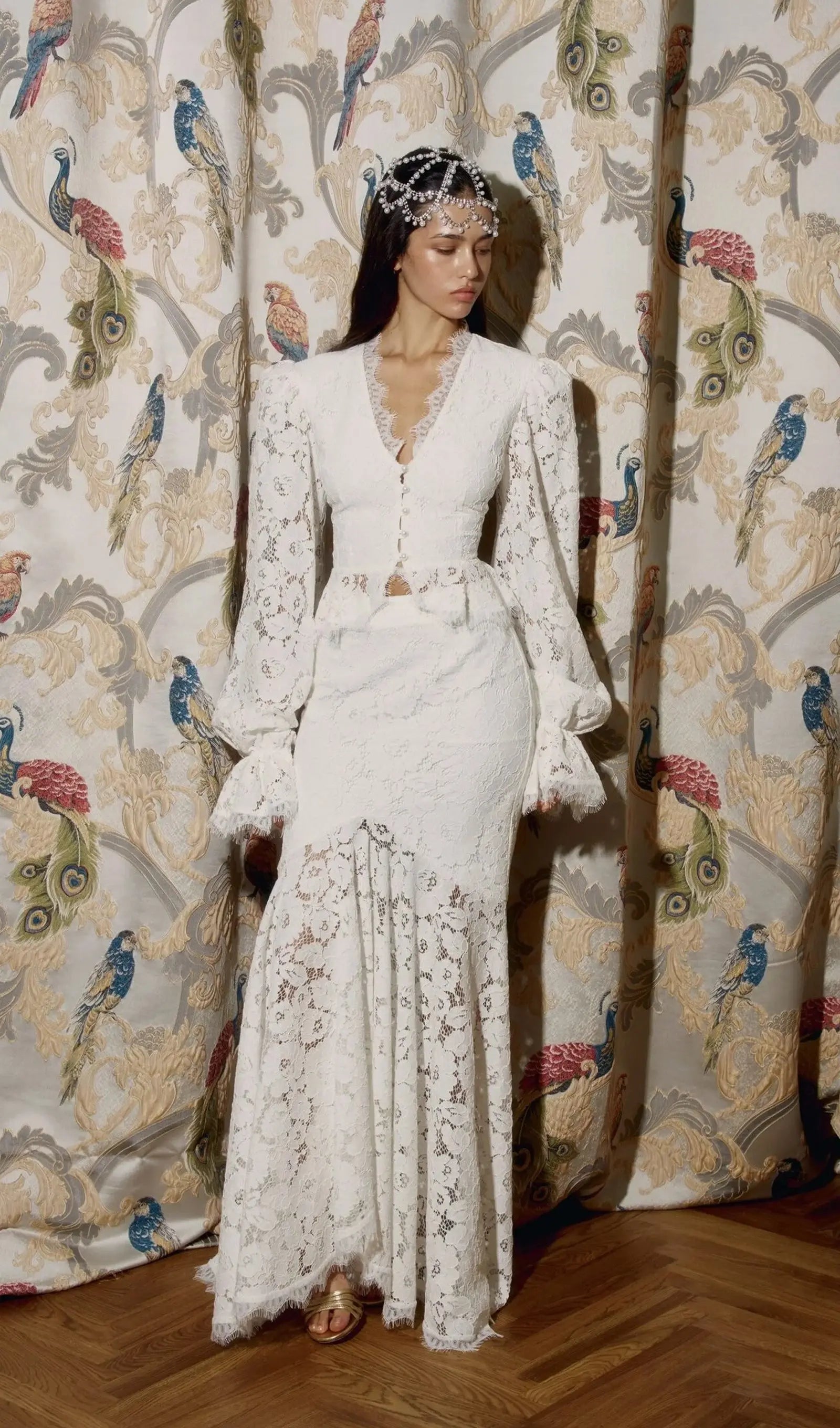emily Lace Trimmed Puff Sleeved Top & Fishtail Skirt Set in white Avalabel