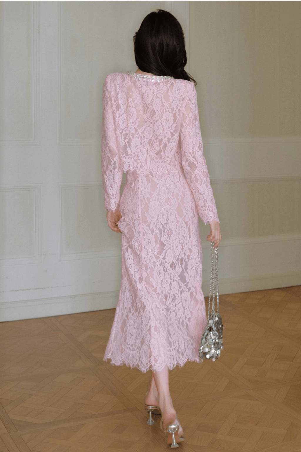 Jodie Beaded Lace Long Sleeve Two Piece Midi Dress Set Avalabel