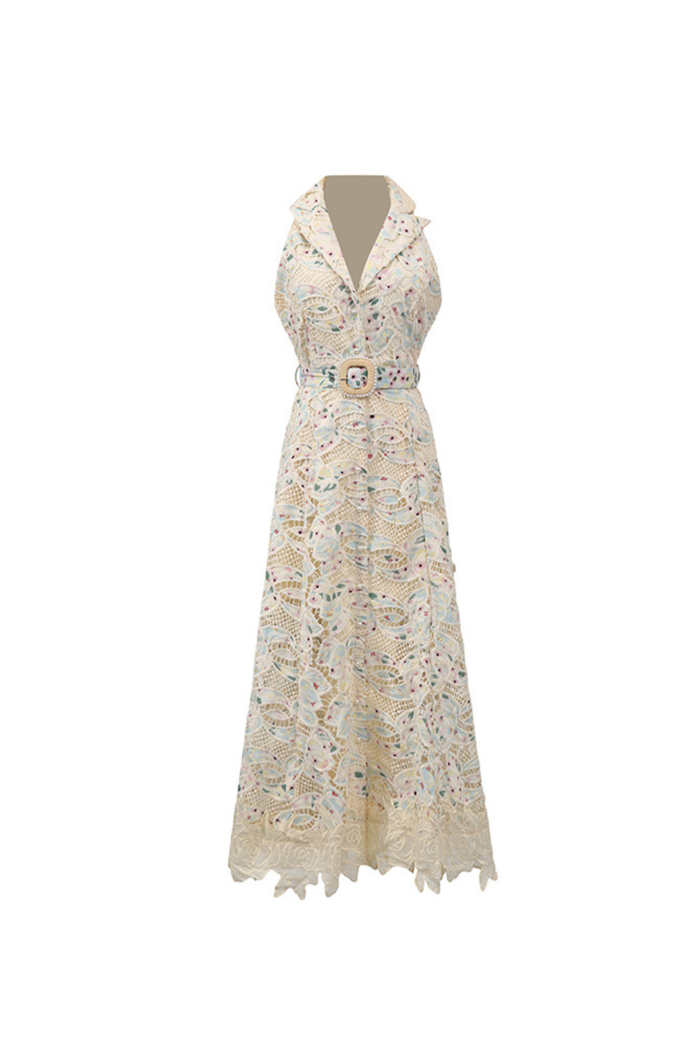 Chloe Sleeveless Hollow Lace Maxi Dress in Beige Avalabel