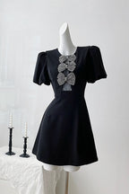 Vanessa Bow Puff Sleeve Mini Dress in Black Avalabel