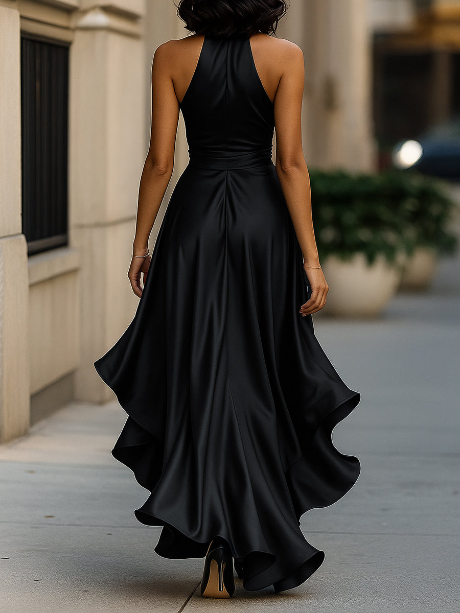 Midnight Elegance Satin Halter Ruffle Gown Avalabel