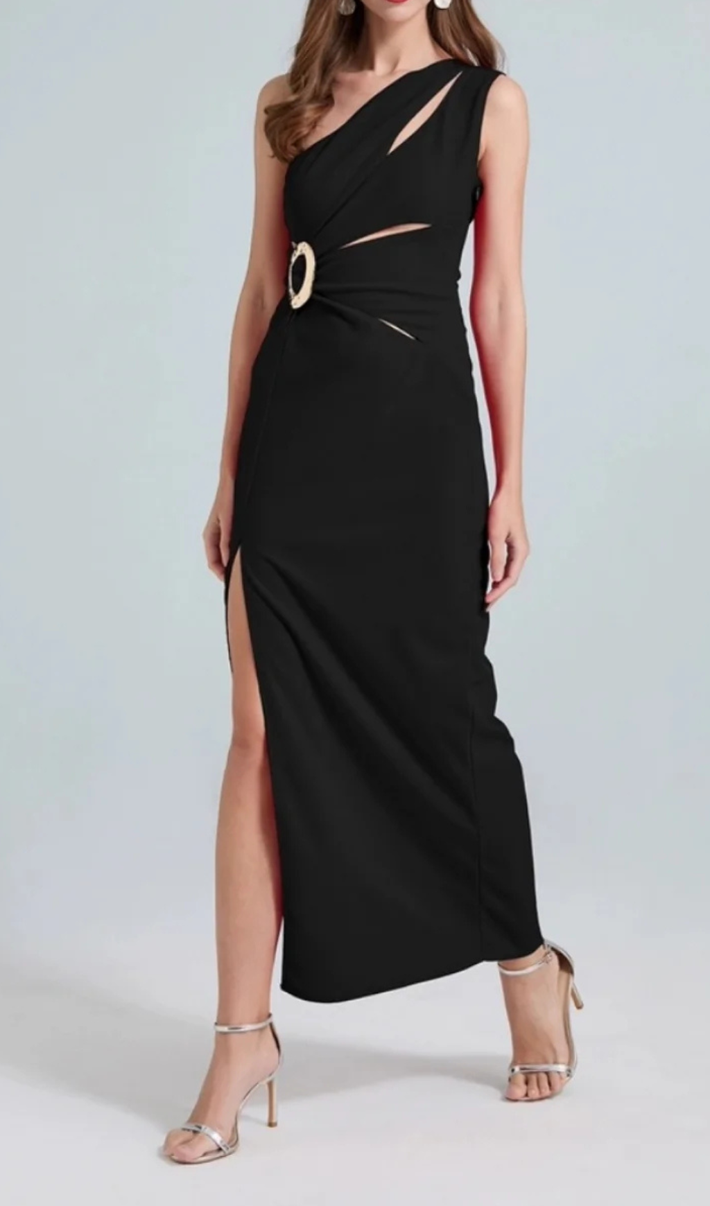 One-Shoulder Cutout Side Slit Maxi Dress in Black Avalabel