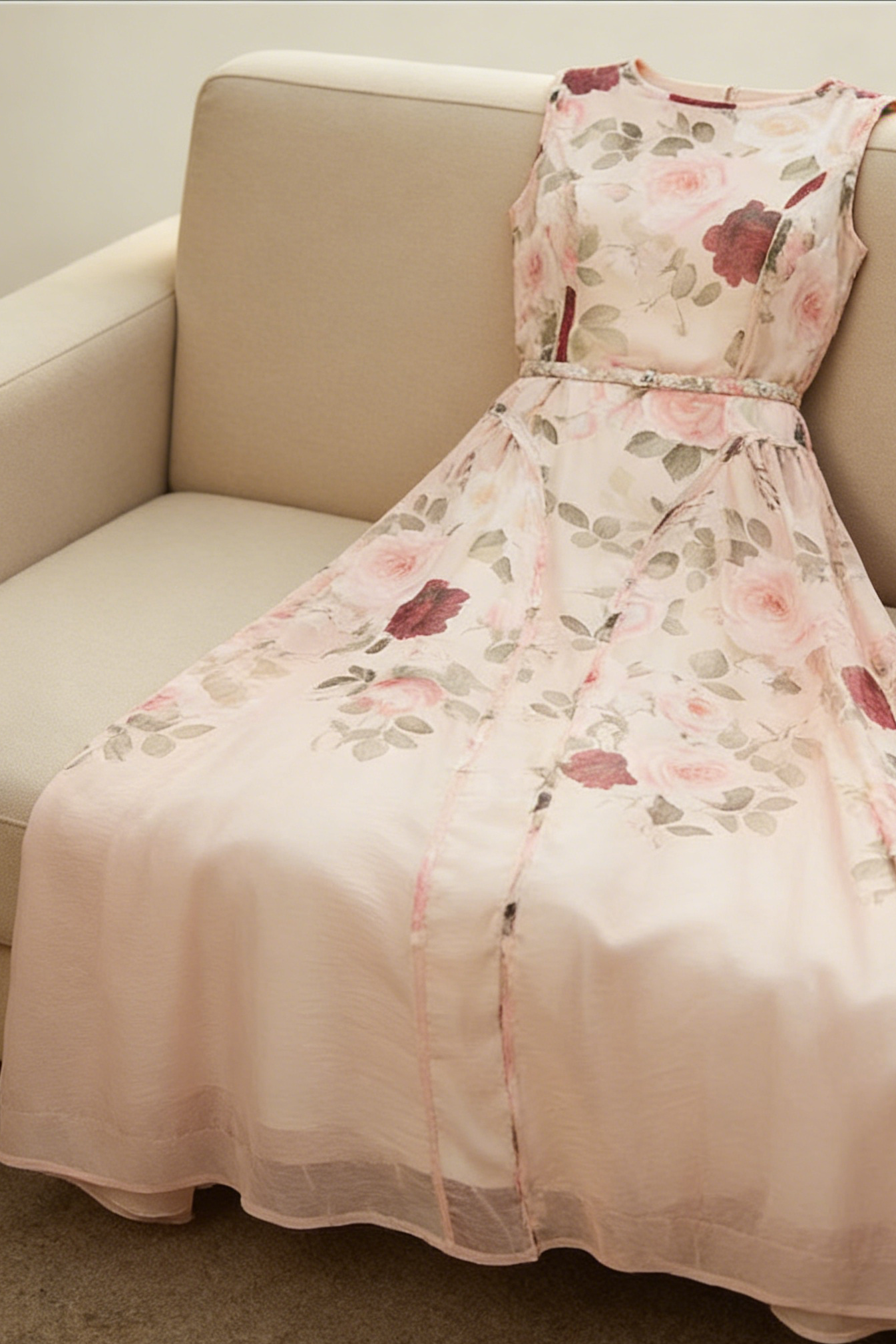 Sleeveless Rose Print Mesh Maxi Dress Avalabel