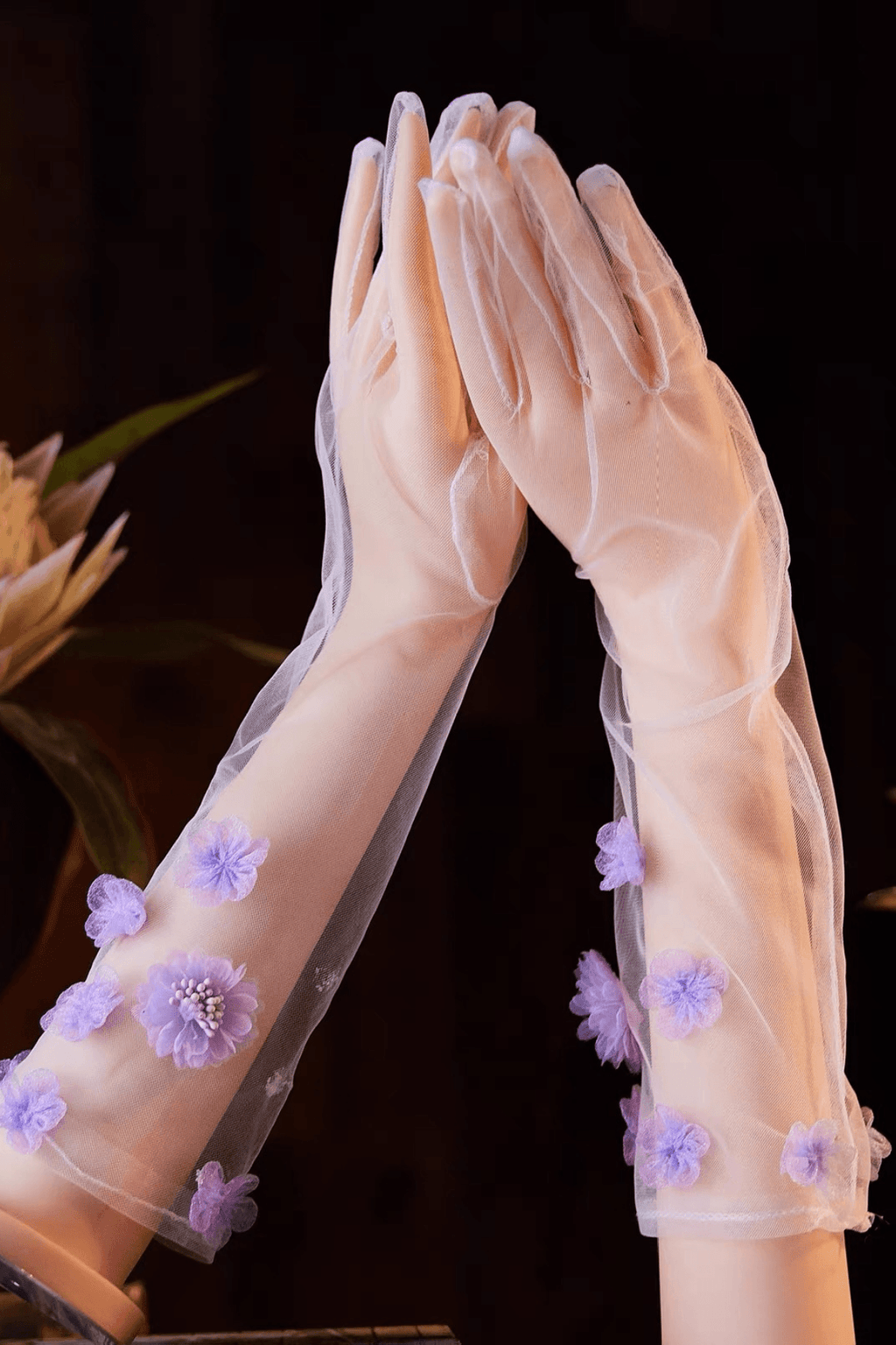 Purple 3D Flower Decor Sheer Tulle Long Gloves Avalabel