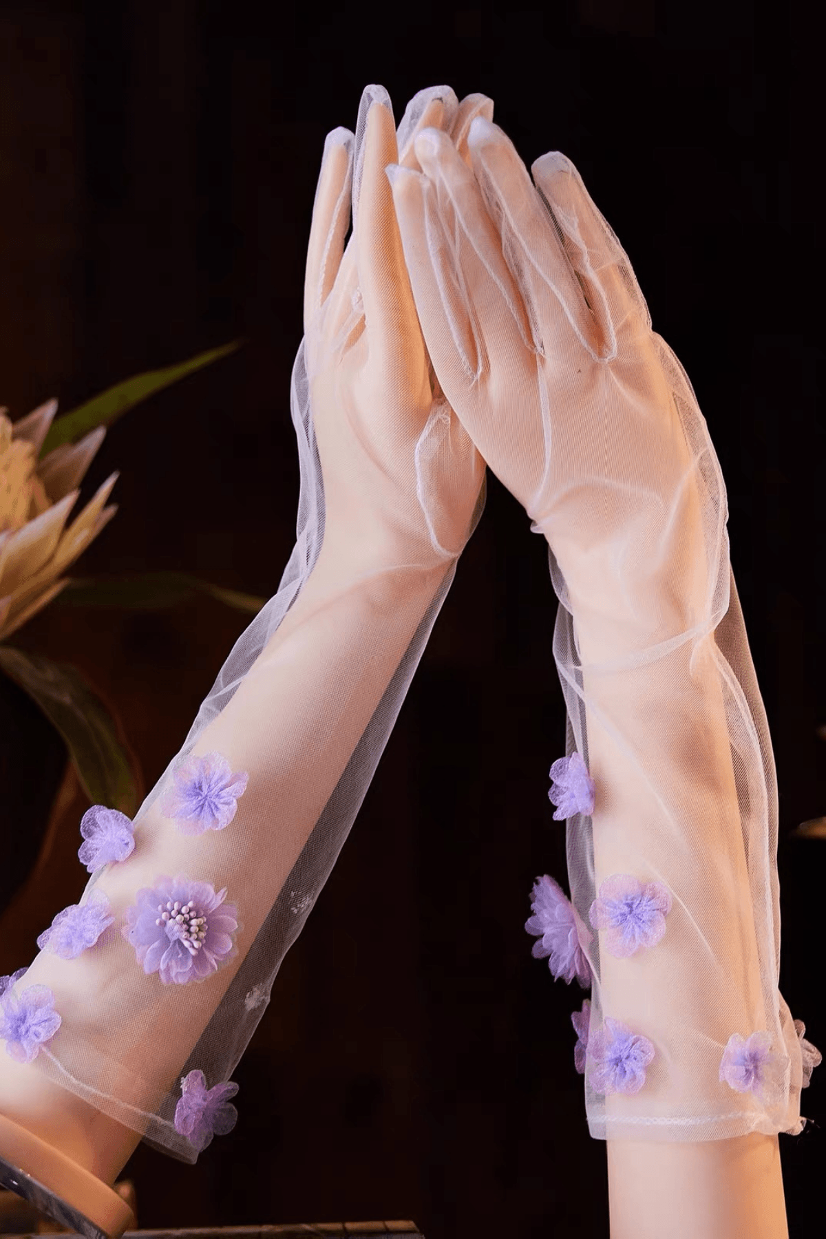 Purple 3D Flower Decor Sheer Tulle Long Gloves Avalabel