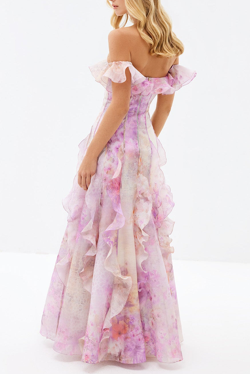 Helen Floral Frill Off-Shoulder Maxi Dress in Pink